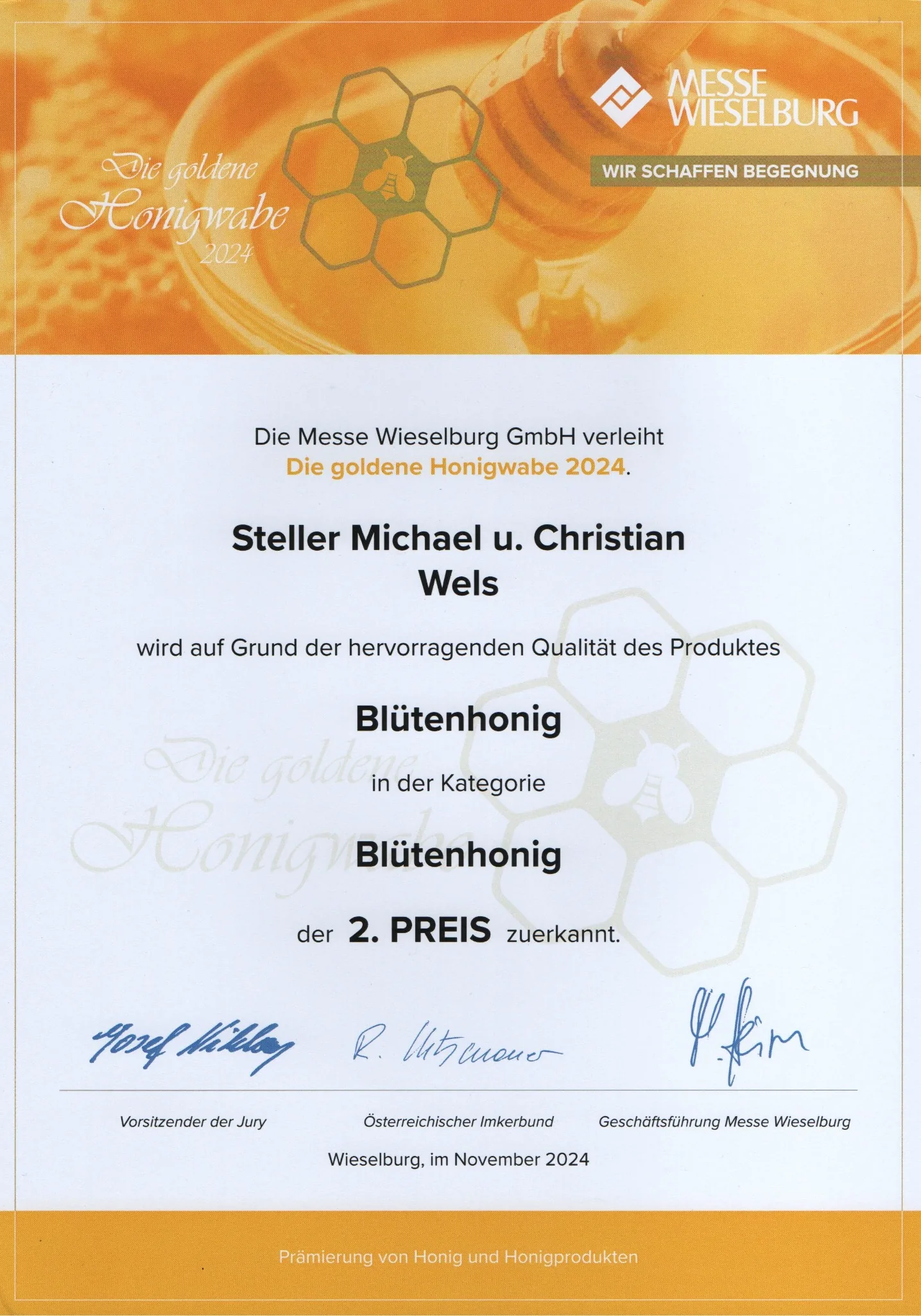 Urkunde: 2. Preis – Welser-Blütenhonig 2024